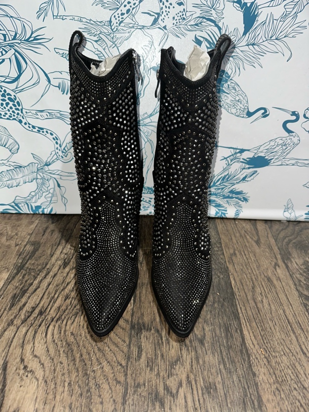 Poti Pati Black Rhinestone Studded Pointed-Toe Heeled Boots